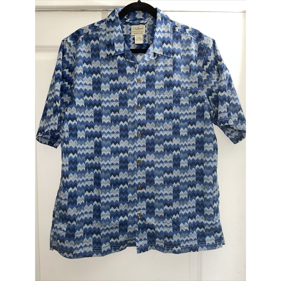 Ll Bean Blue Chevron Print Camp Shirt With Pocket Hawaiian Short Sleeve Size M - Picture 1 of 9
